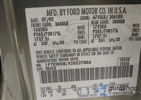 2002 Ford F-150 Lariat/Xlt из США, поврежденный, VIN 1FTRW08L92KE27866